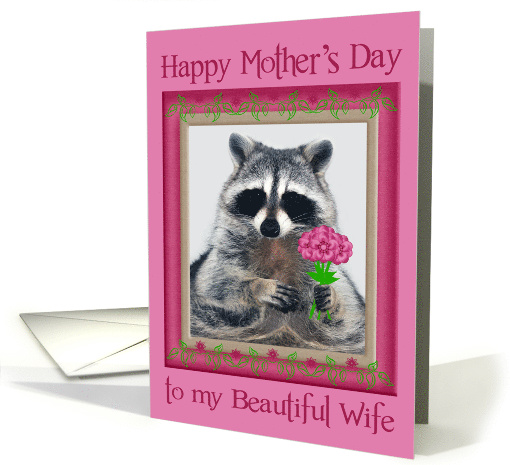 Mother's Day to Wife with a Raccoon Holding a Bouquet of Flowers card