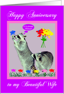 Anniversary to Wife, two adorable raccoons with flowers in a frame card