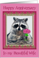 Anniversary to Wife, Cute Raccoon holding a bouquet of flowers card