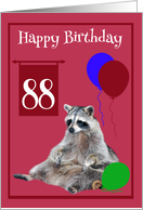 88th Birthday, cute raccoon sitting with colorful balloons on magenta card