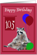 105th Birthday, Raccoon sitting with colorful balloons on magenta card