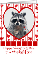 Valentine’s Day to Son, Raccoon in red heart holding hearts, white card