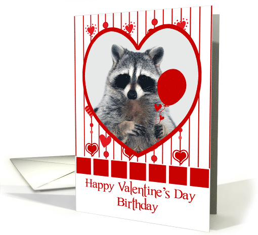 Birthday on Valentine's Day with a Raccoon Holding a Red Balloon card