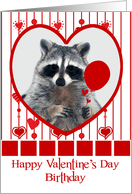 Birthday on Valentine’s Day with a Raccoon Holding a Red Balloon card