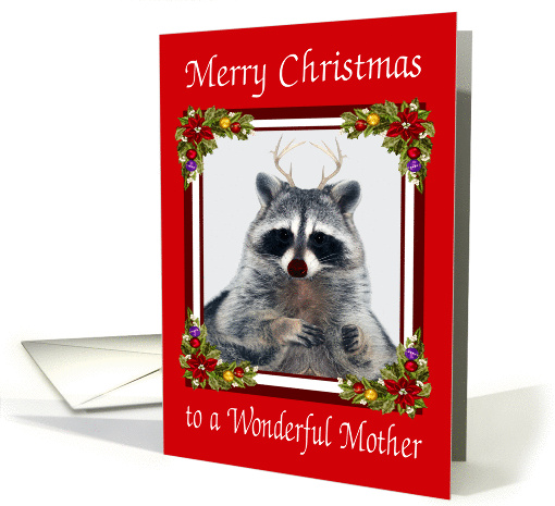 Christmas to Mother, Red Nose Raccoon with antlers, poinsettia card