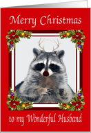 Christmas to Husband, Red Nose Raccoon with antlers and poinsettias card