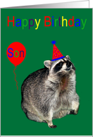 Birthday For Son, Raccoon with party hat and balloon on green card