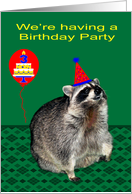 Invitations, 3rd Birthday Party, Raccoon with a party hat, balloon card