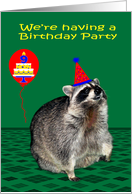 Invitations to 9th Birthday Party, Raccoon with a party hat, balloon card