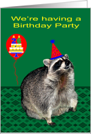 Invitations, 26th Birthday Party, Raccoon with a party hat, balloon card