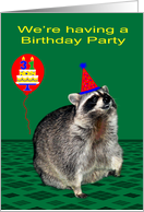 Invitations to 31st Birthday Party, Raccoon with a party hat, balloon card