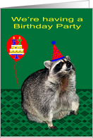 Invitations, 57th Birthday Party, Raccoon with a party hat, balloon card