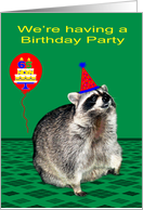 Invitation to 65th Birthday Party with a Raccoon Wearing a Party Hat card