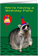 Invitations to 71st Birthday Party, Raccoon with a party hat, balloon card