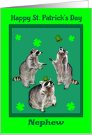 St. Patrick’s Day to Nephew, Raccoons with shamrocks, hats on green card