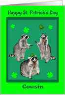 St. Patrick’s Day to Cousin, Raccoons with shamrocks, hats on green card