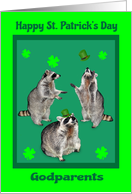 St. Patrick’s Day to Godparents, Raccoons with shamrocks, hats, green card