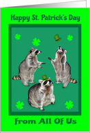 St. Patrick’s Day from All Of Us, Raccoons with shamrocks, hats, green card