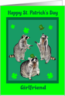 St. Patrick’s Day toGirlfriend, Raccoons with shamrocks, hats, green card