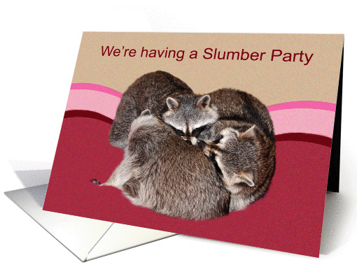 Invitations, Slumber Party, adorable accoons wrestling on a bed card