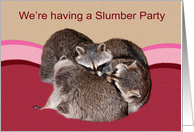 Invitations, Slumber Party, adorable accoons wrestling on a bed card