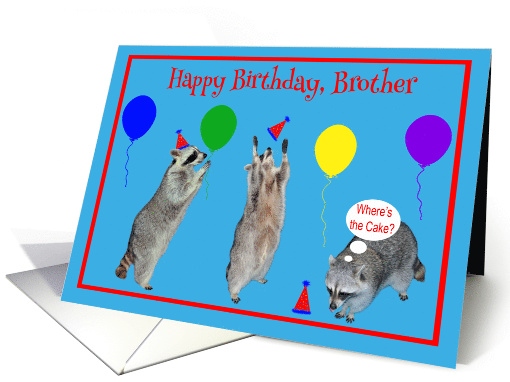 Birthday to Brother, Raccoons with party hats and balloons, blue card