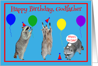 Birthday to Godfather, Raccoons with party hats and balloons on blue card