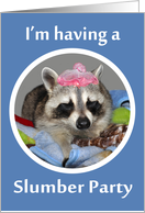 Invitations, Slumber Party, cute raccoon sleeping in night cap, blue card