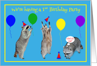 Invitations to 1st Birthday Party, Raccoons with party hats, balloons card