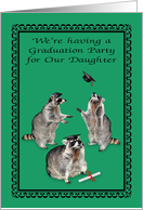 Invitations, Graduation Party for Daughter, adorable raccoons, caps card