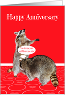 Anniversary to spouse, adult humor, raccoons showing funny business card