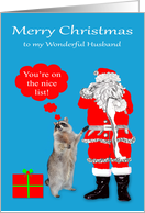 Christmas to Husband, Raccoon with Santa Claus checking his list card