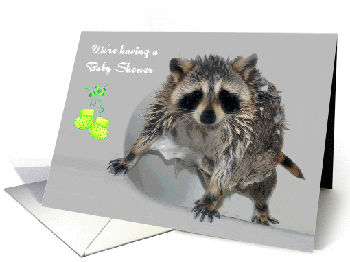 Invitations, Baby Shower, gender neutral, soapy raccoon in shower card
