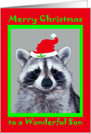 Christmas to Son, raccoon wearing a Santa Claus Hat on red, green card