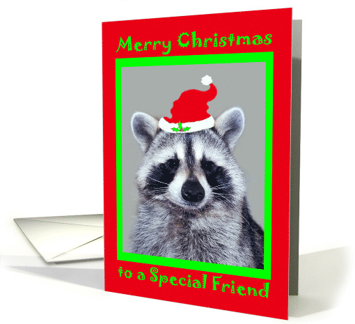 Christmas to Friend with a Raccoon Wearing a Santa Claus Hat card