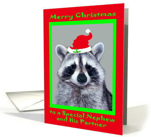Christmas to Nephew and Partner, raccoon wearing Santa Hat on red card