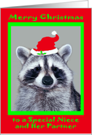 Christmas to Niece and Partner, raccoon wearing Santa Hat on red card