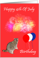 4th Of July Birthday, Raccoon watching fireworks with balloons, flag card