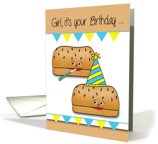 Birthday to Female with Hamburger Buns Wearing a Hat on White card