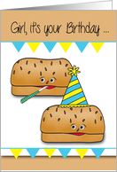 Birthday to Female with Hamburger Buns Wearing a Hat on White card