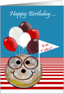 Birthday, general, lemon pie wearing glasses, smiling with balloons card