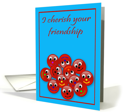 Friendshi with Red Candy with Smiling Cute Little Faces on Blue card