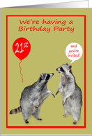 Invitations, 21st Birthday Party, two adorable raccoons with balloons card