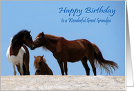 Birthday To Great Grandpa, wild horses on a white beach, blue sky card