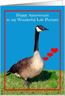 Anniversary to Life Partner, Canada Goose with hearts in the grass card