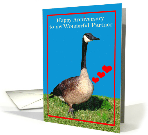 Anniversary to Partner, Canada Goose with red hearts on blue card