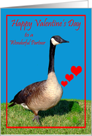 Valentine’s Day To Partner, Canada Goose with beating hearts on blue card