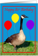 80th Birthday, Canada Goose with purple, red and yellow balloons card