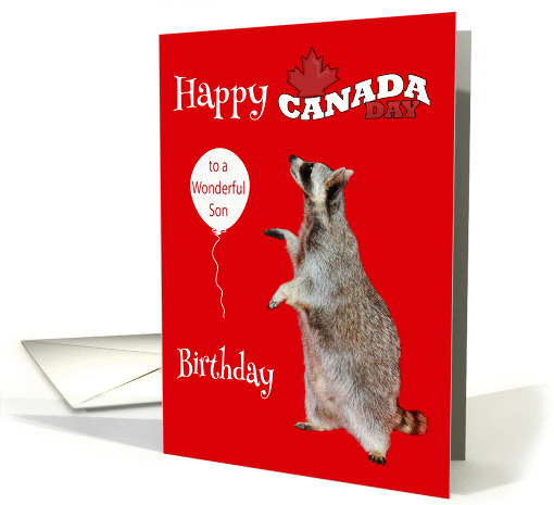 Birthday On Canada Day to Son, Raccoon with balloon, maple leaf card