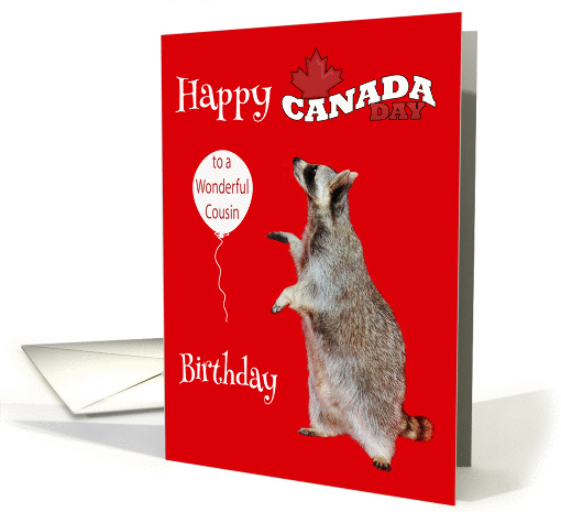 Birthday On Canada Day To Cousin, Raccoon with balloon, leaf card